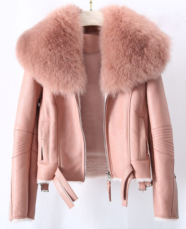Women's Pink Shearling Sheepskin Lamb Fox Fur Jacket Coat - Image 4