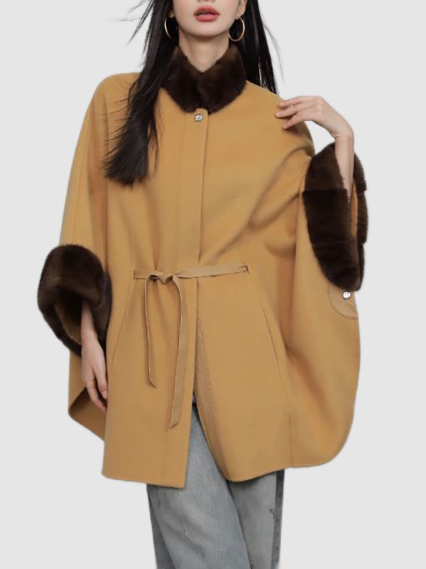 Women's 100% Wool Cape with Mink Fur Caramel