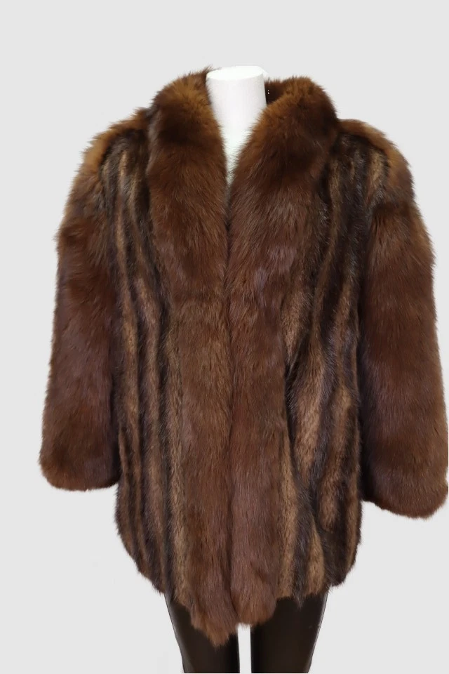 Women's Muskrat Fur Coat Jacket with Brown Fox Fur MINT+ Size 10 | MG6173