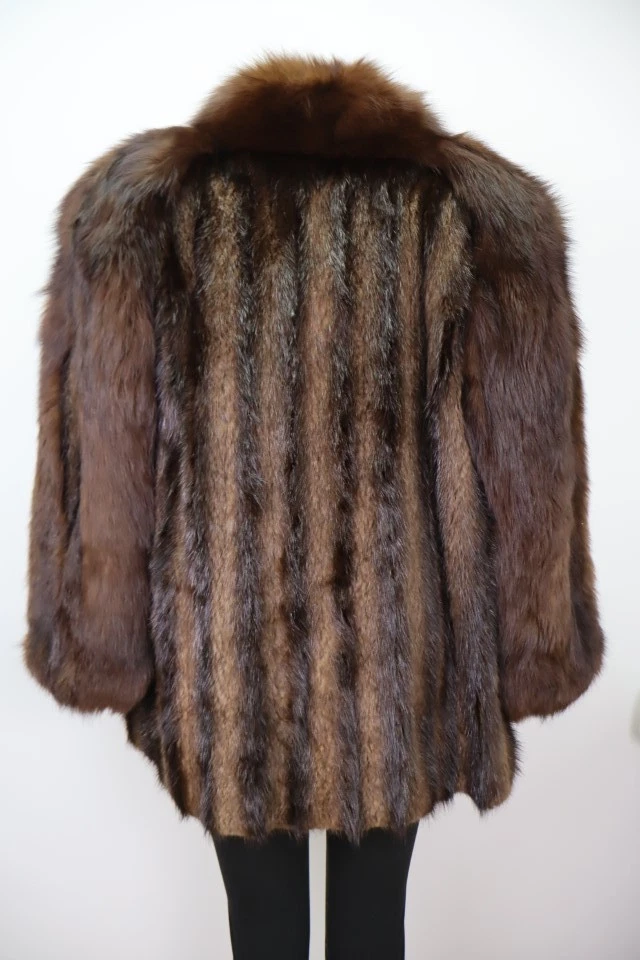 Women's Muskrat Fur Coat Jacket with Brown Fox Fur MINT+ Size 10 | MG6173 - Image 5