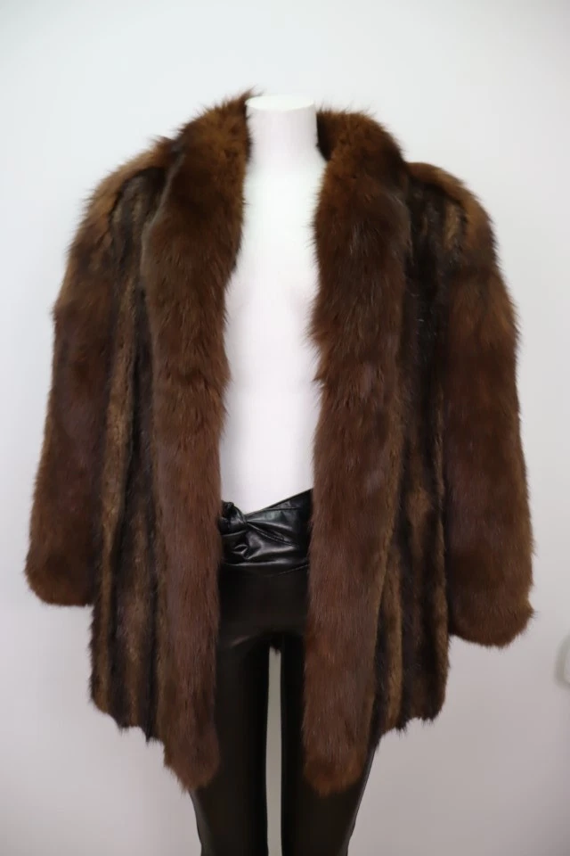 Women's Muskrat Fur Coat Jacket with Brown Fox Fur MINT+ Size 10 | MG6173 - Image 3