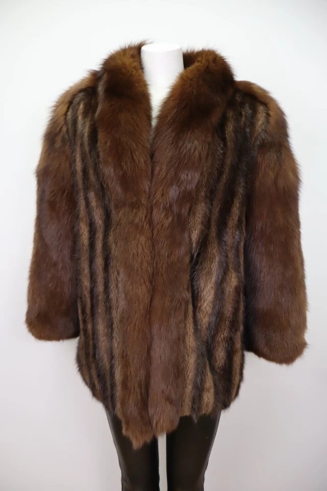 Women's Muskrat Fur Coat Jacket with Brown Fox Fur MINT+ Size 10 | MG6173 - Image 2